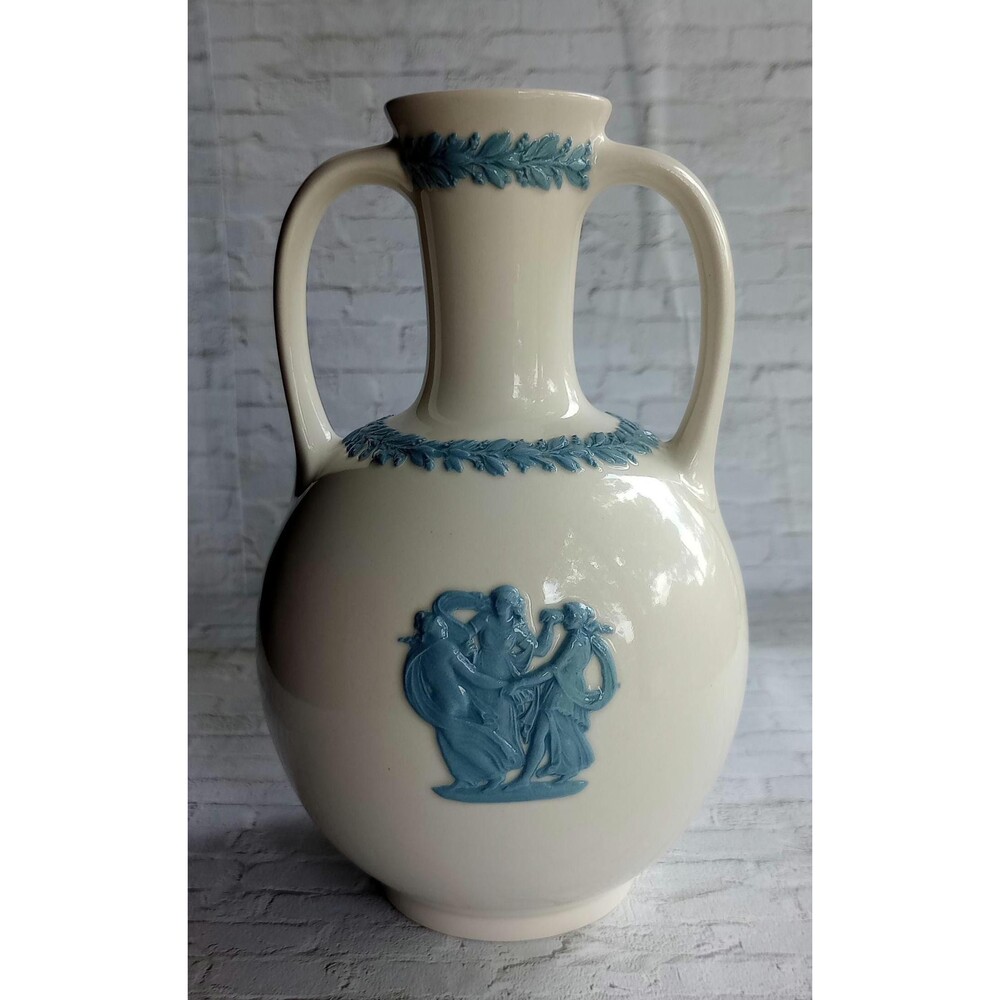 Wedgwood Queensware Vase: Lavender Cupid Design, Double Handle